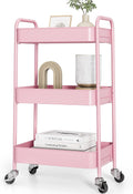 3 Tier Metal Rolling Cart, Utility Storage Cart with Wheels, Pink