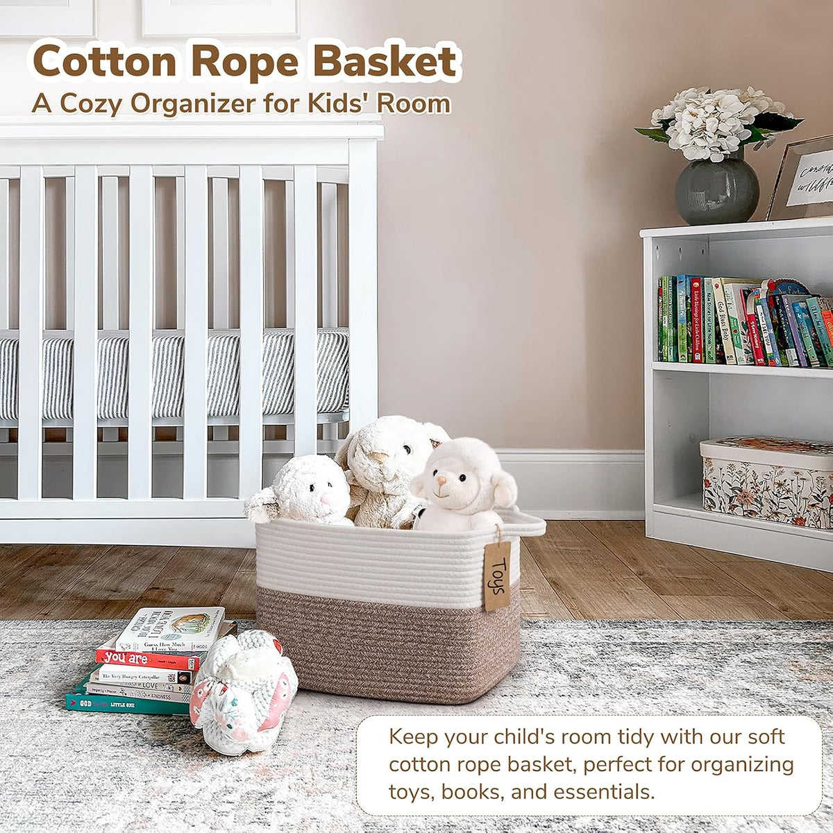 Woven Rope Storage Basket for Shelves, Rectangle, Brown