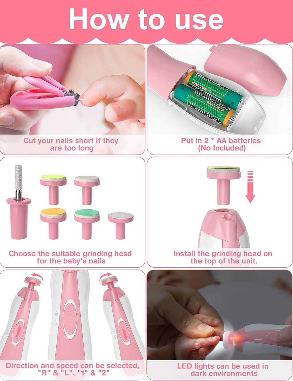 Baby Grooming Kit with Electric Nail Trimmer, 0-3 Years+, Pink