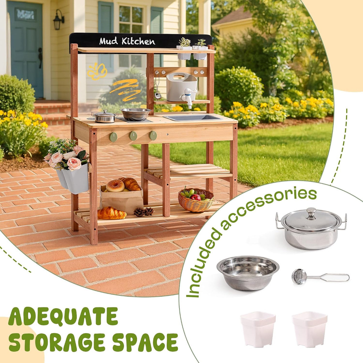 Mud Kitchen for Kids Outdoor – Wooden Outdoor Mud Kitchen with Sink & Storage – Outdoor Pretend Kitchen Toy for Boys and Girls Ages 3+