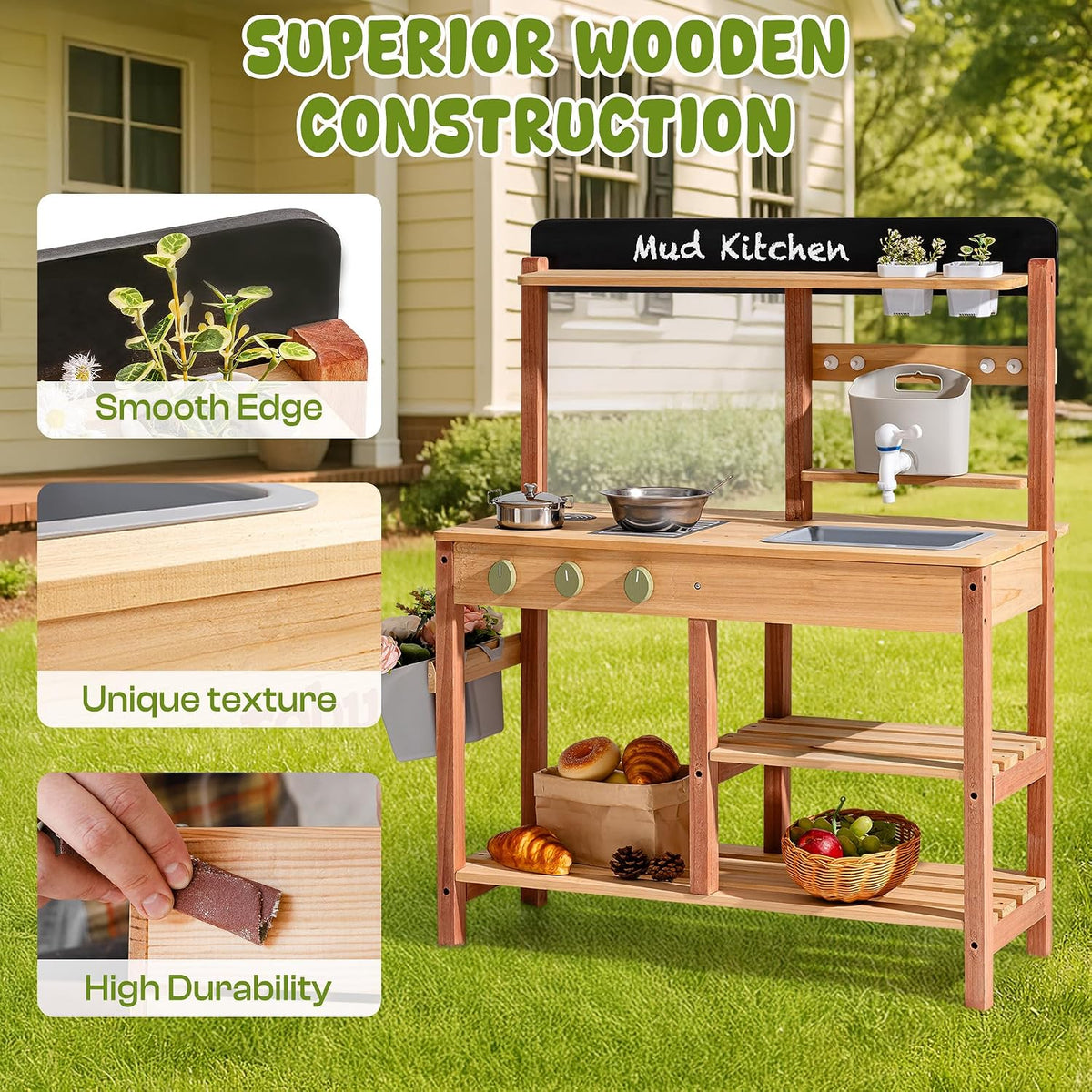 Mud Kitchen for Kids Outdoor – Wooden Outdoor Mud Kitchen with Sink & Storage – Outdoor Pretend Kitchen Toy for Boys and Girls Ages 3+