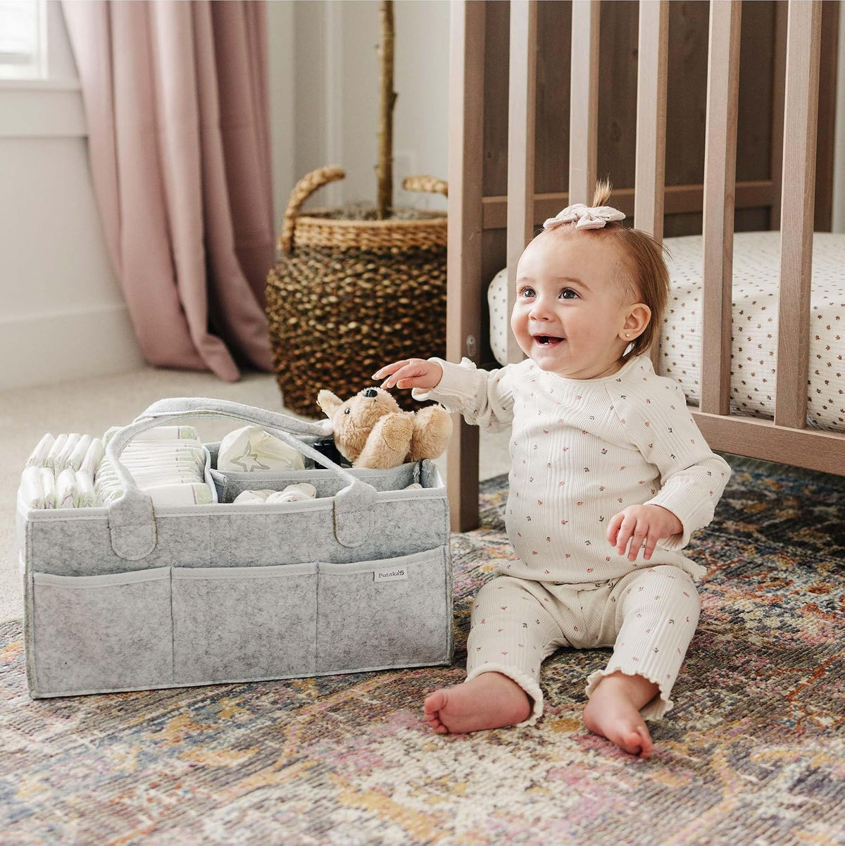 Baby Diaper Caddy Organizer, Felt Nursery Basket, Gray, Large Set