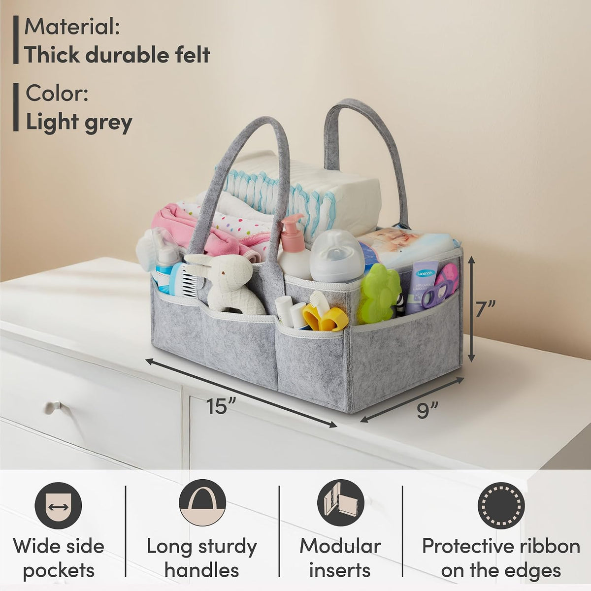 Baby Diaper Caddy Organizer, Felt Nursery Basket, Gray, Large Set