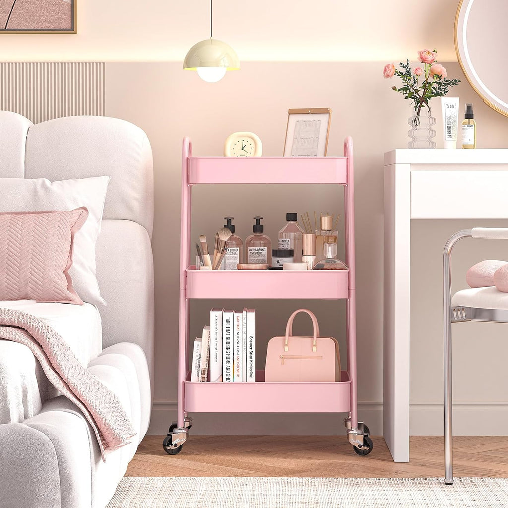 3 Tier Metal Rolling Cart, Utility Storage Cart with Wheels, Pink