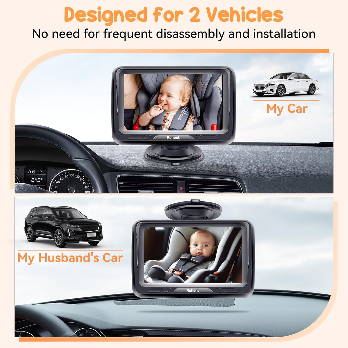 Baby Camera for Car 2 Pack: Dual HD 1080P Monitors with Night Vision