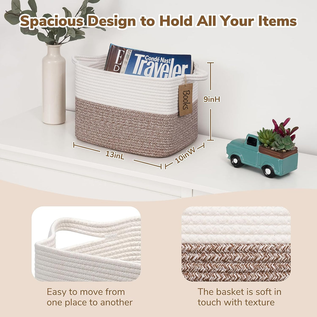 Woven Rope Storage Basket for Shelves, Rectangle, Brown