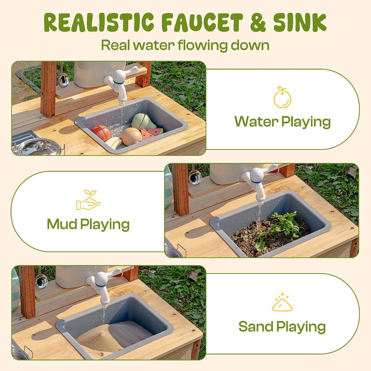Mud Kitchen for Kids Outdoor – Wooden Outdoor Mud Kitchen with Sink & Storage – Outdoor Pretend Kitchen Toy for Boys and Girls Ages 3+