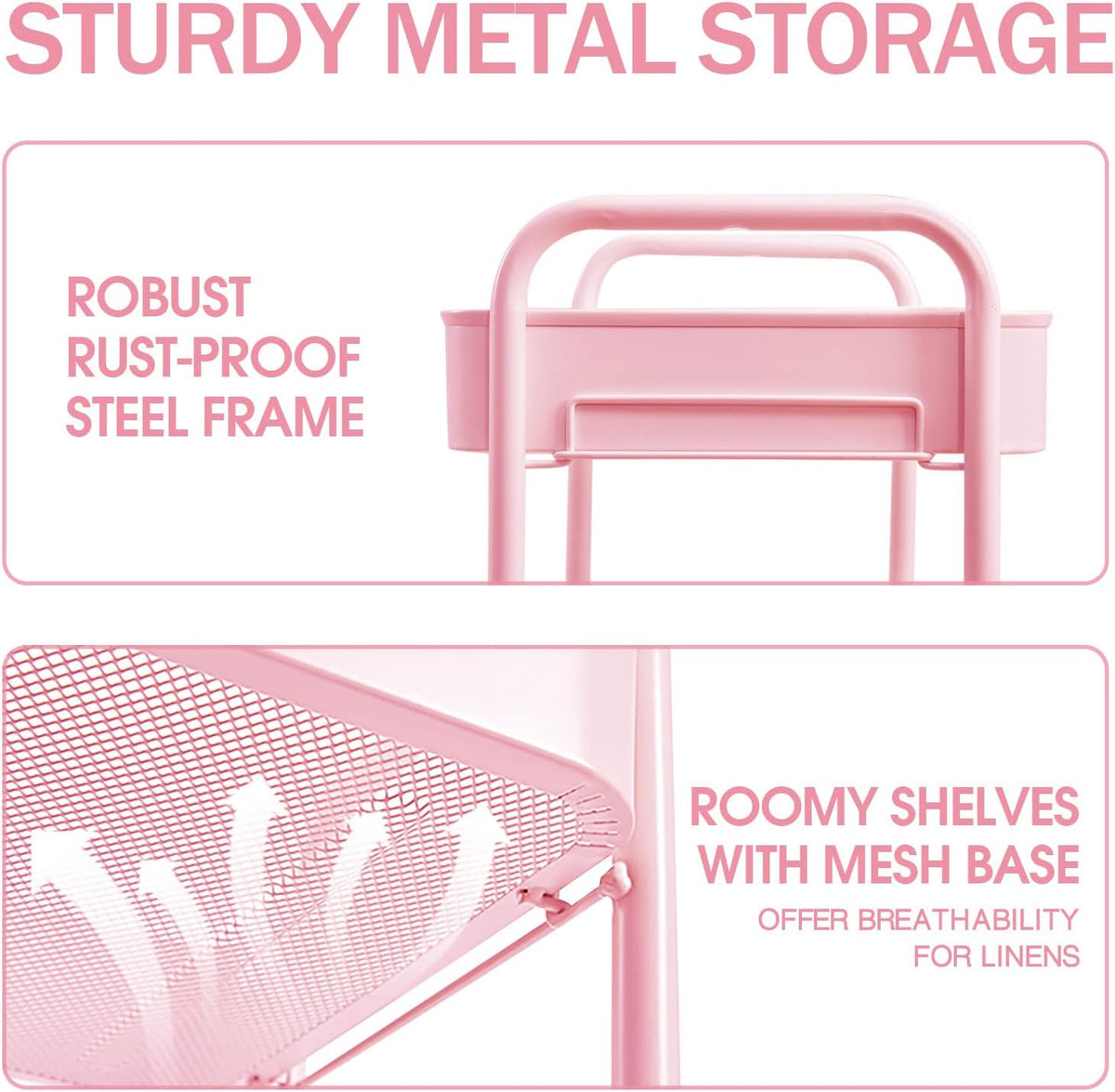 3 Tier Metal Rolling Cart, Utility Storage Cart with Wheels, Pink