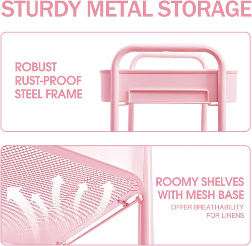 3 Tier Metal Rolling Cart, Utility Storage Cart with Wheels, Pink