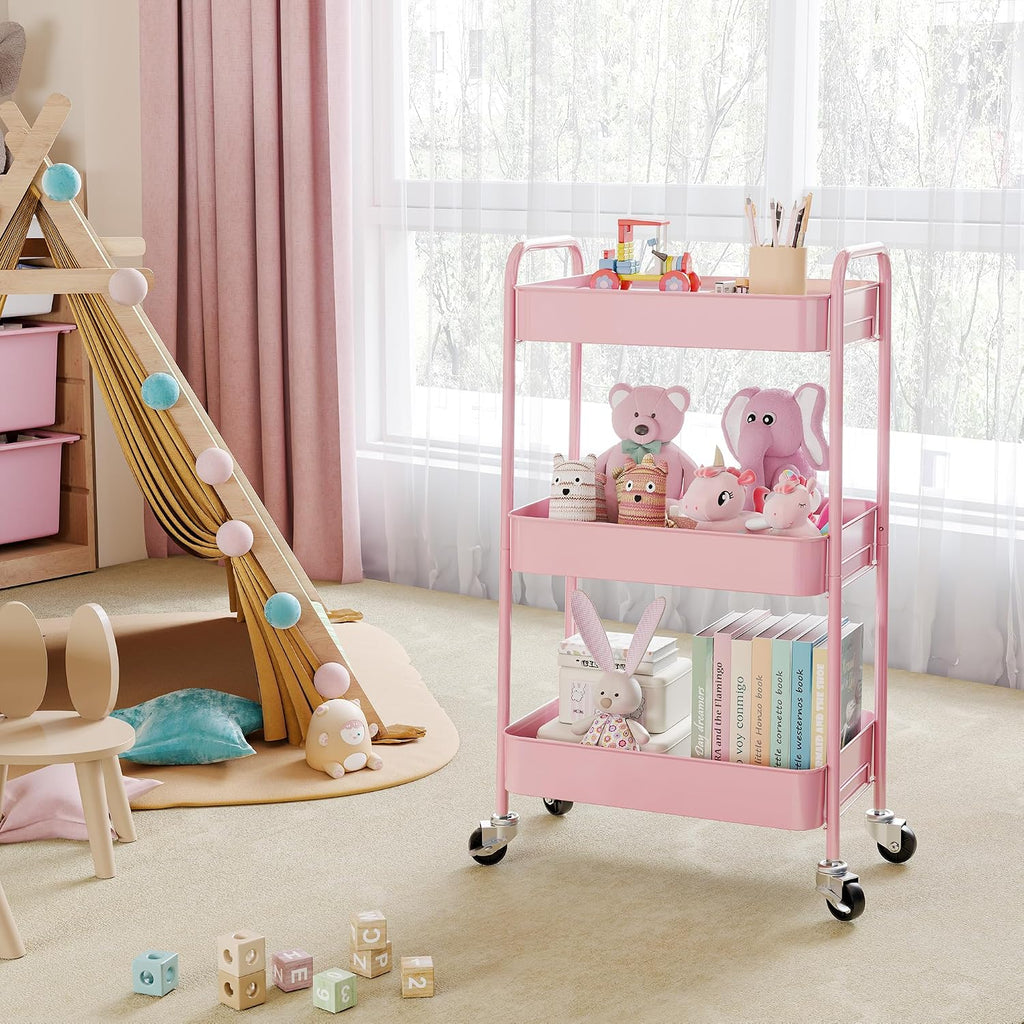 3 Tier Metal Rolling Cart, Utility Storage Cart with Wheels, Pink