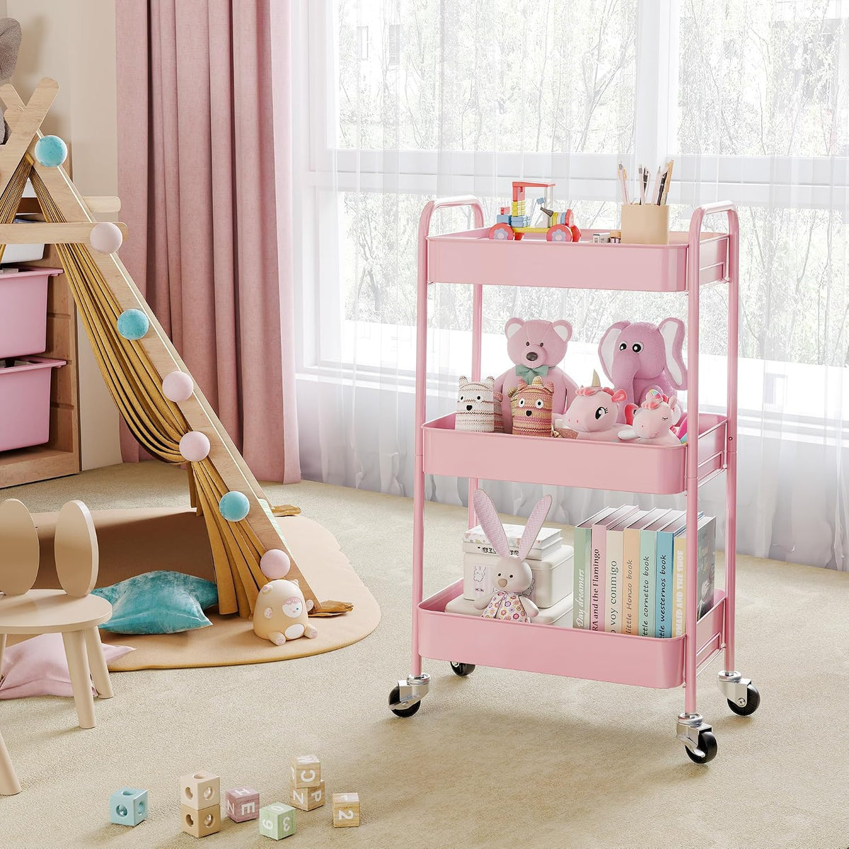 3 Tier Metal Rolling Cart, Utility Storage Cart with Wheels, Pink