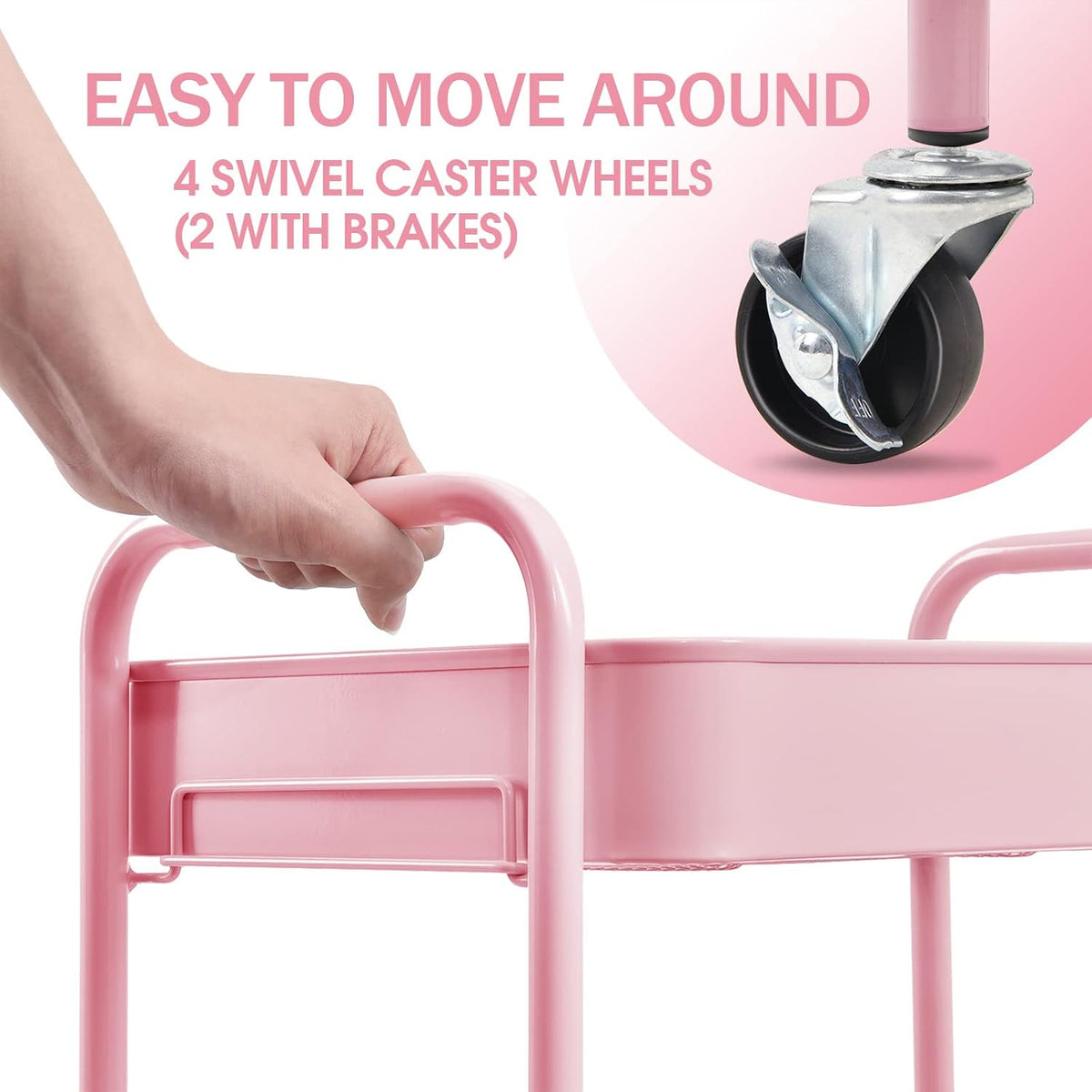 3 Tier Metal Rolling Cart, Utility Storage Cart with Wheels, Pink