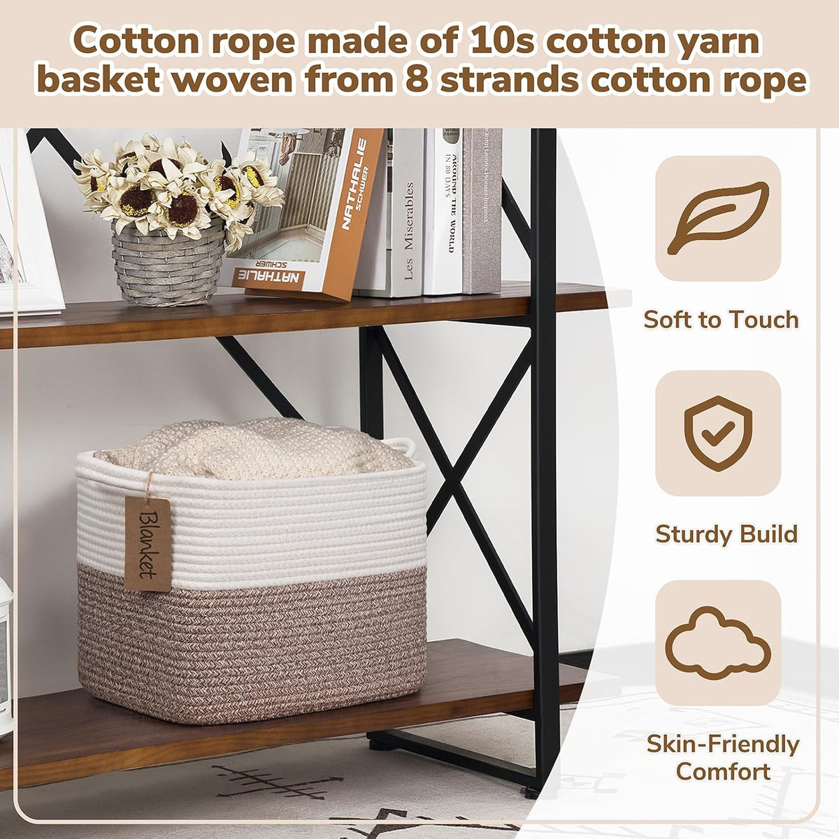 Woven Rope Storage Basket for Shelves, Rectangle, Brown