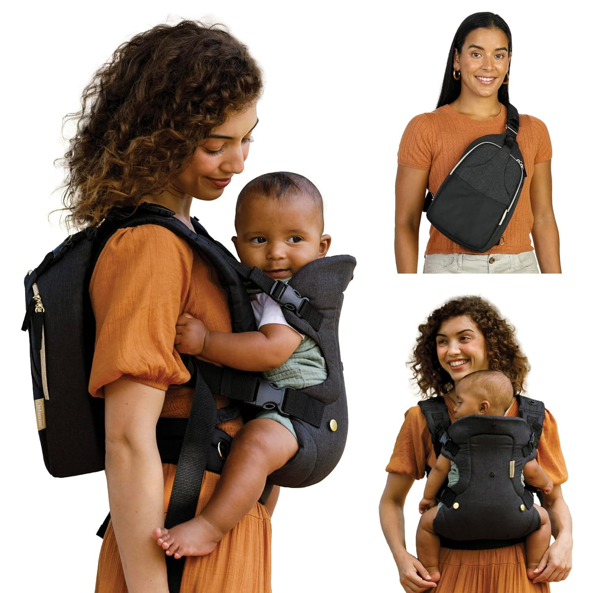 Flip 4-In-1 Carrier & Diaper Bag Bundle, Black & Gold