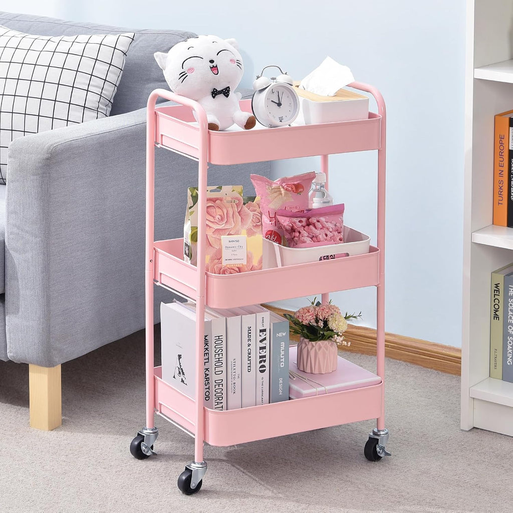 3 Tier Metal Rolling Cart, Utility Storage Cart with Wheels, Pink