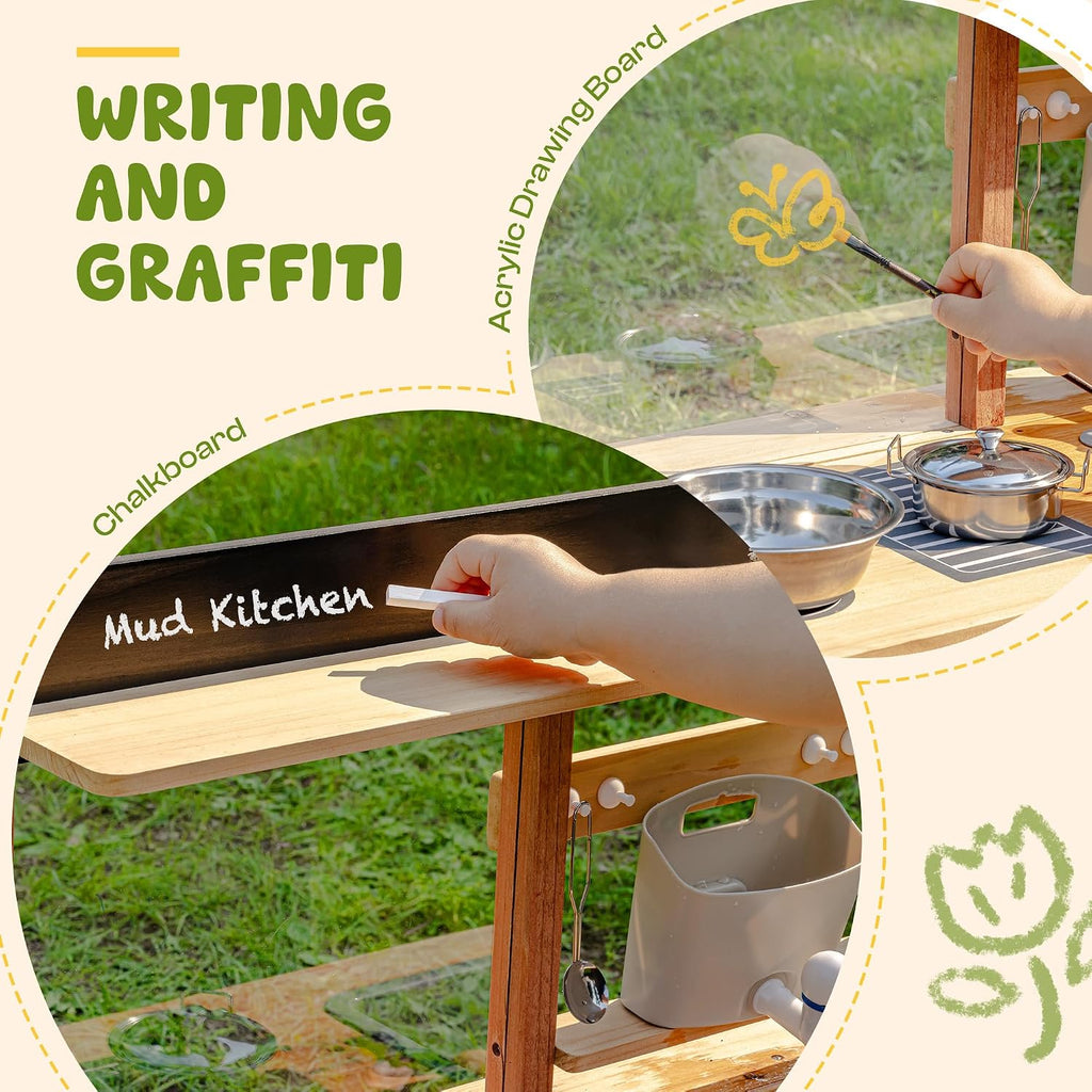 Mud Kitchen for Kids Outdoor – Wooden Outdoor Mud Kitchen with Sink & Storage – Outdoor Pretend Kitchen Toy for Boys and Girls Ages 3+