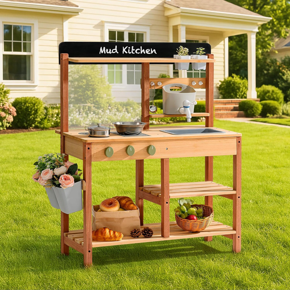 Mud Kitchen for Kids Outdoor – Wooden Outdoor Mud Kitchen with Sink & Storage – Outdoor Pretend Kitchen Toy for Boys and Girls Ages 3+