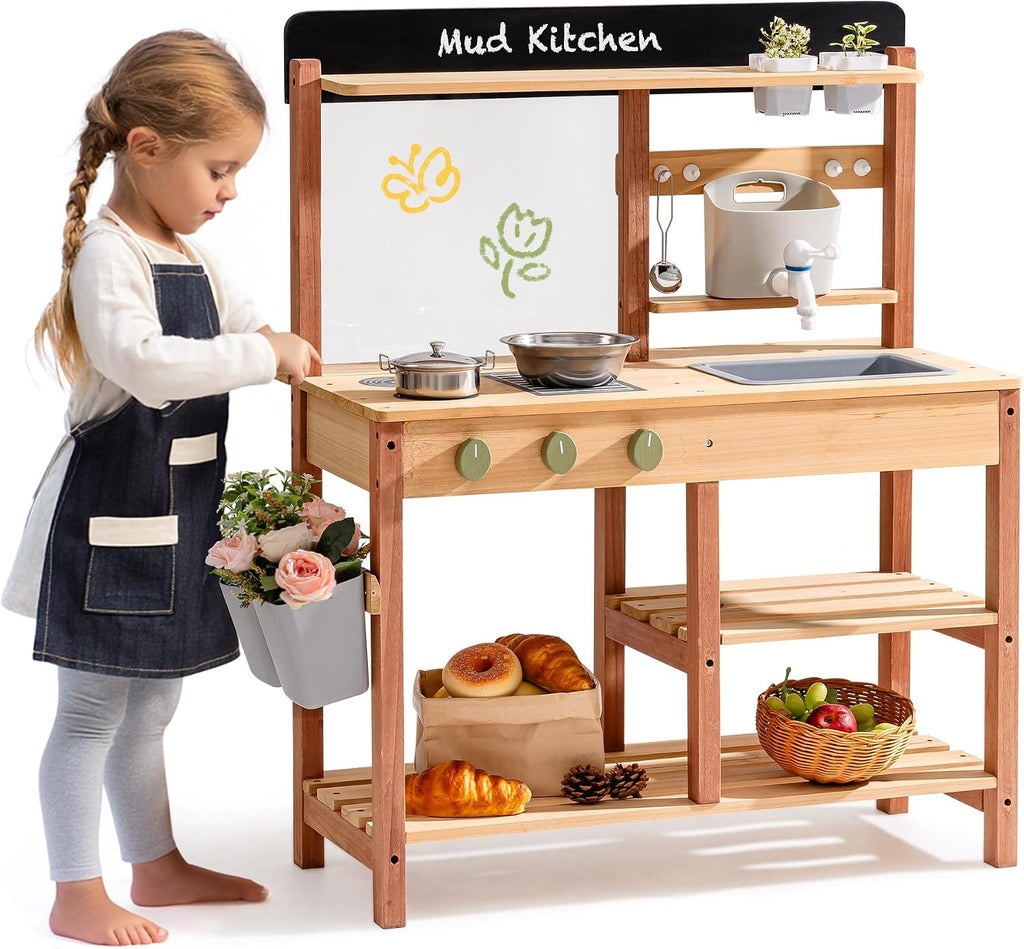 Mud Kitchen for Kids Outdoor – Wooden Outdoor Mud Kitchen with Sink & Storage – Outdoor Pretend Kitchen Toy for Boys and Girls Ages 3+