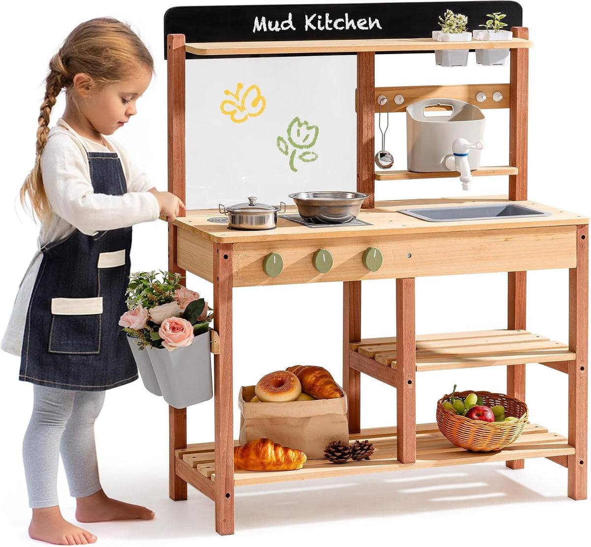Mud Kitchen for Kids Outdoor – Wooden Outdoor Mud Kitchen with Sink & Storage – Outdoor Pretend Kitchen Toy for Boys and Girls Ages 3+