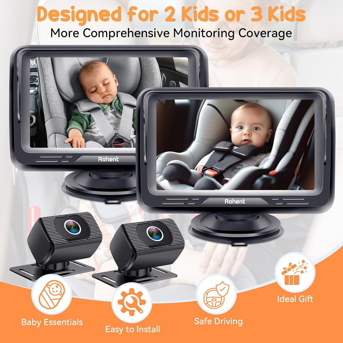 Baby Camera for Car 2 Pack: Dual HD 1080P Monitors with Night Vision