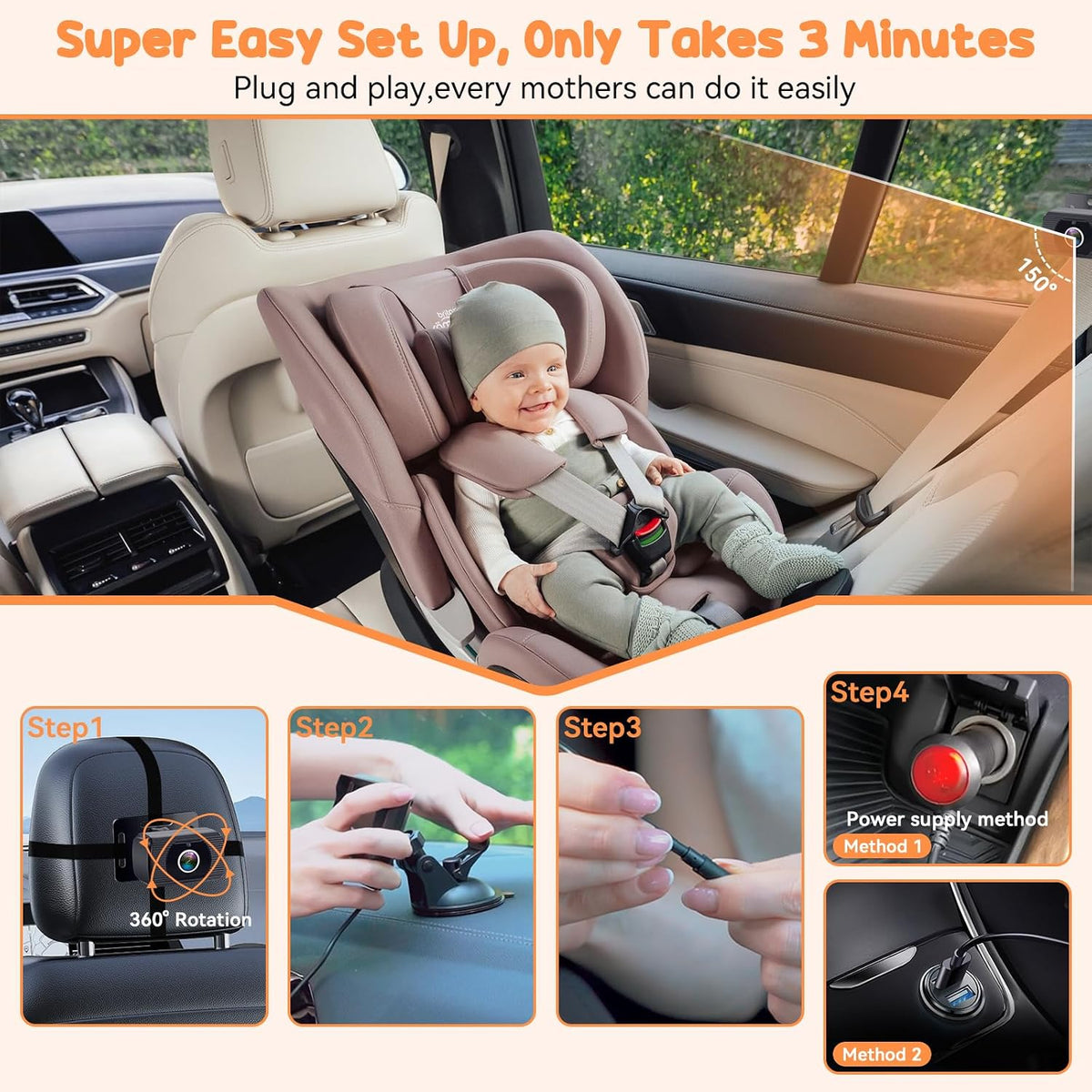Baby Camera for Car 2 Pack: Dual HD 1080P Monitors with Night Vision